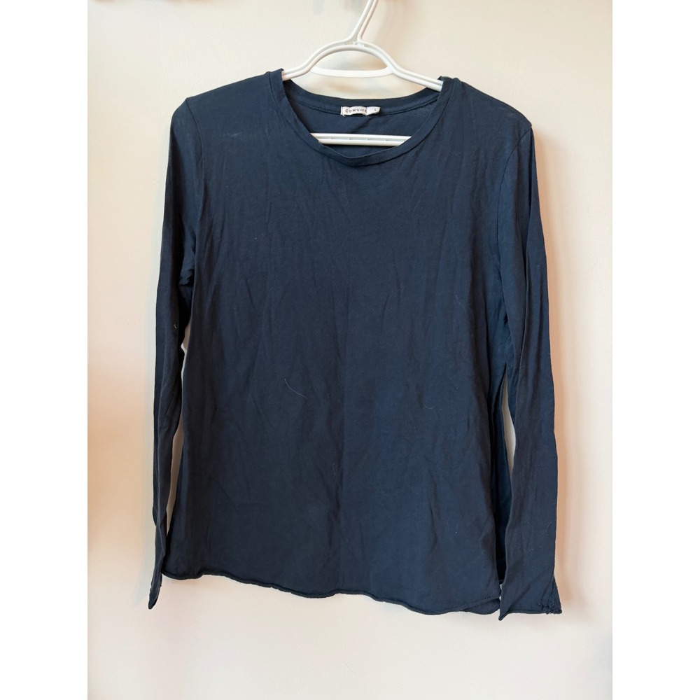 Comune Mens Long Sleeve T-Shirt Navy Blue Crew Neck Raw Hem Size L